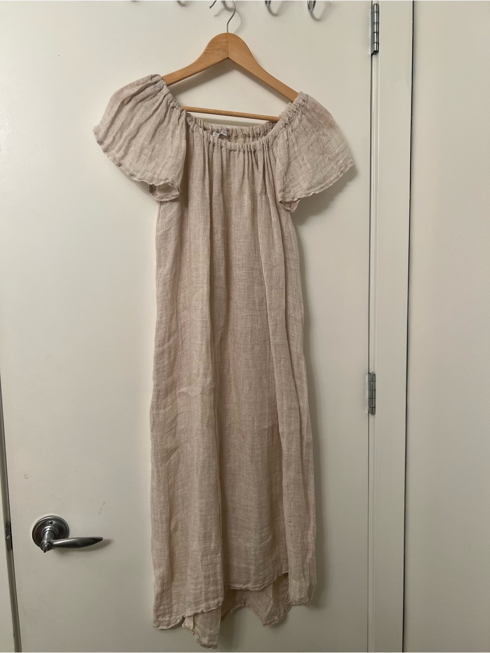 Zara Off‑Shoulder Gathered Linen Midi Dress – Beige, Size Small - Picture 4 of 7
